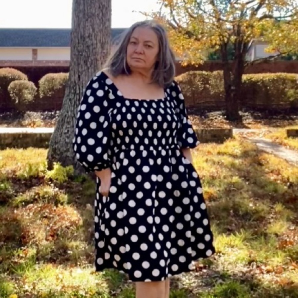 Polka-Dot AVA & VIV Puff Sleeve Luxury Black & White Dress - Picture 6 of 16